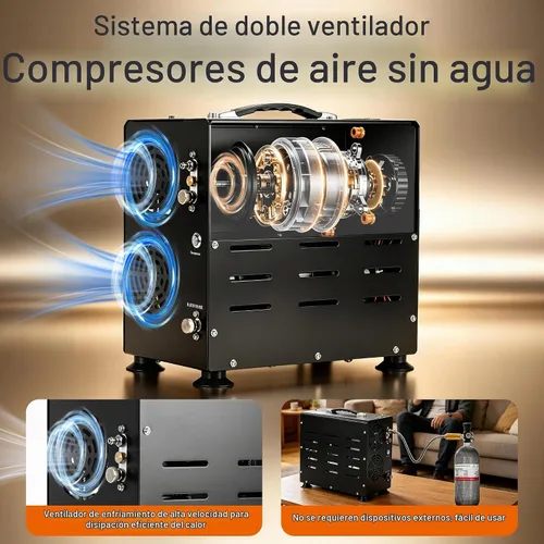 Vista 2 de TUXING Compresor de aire PCP de 4500 PSI Compresor de tanque de buceo de doble cilindro de 800 W Sistema de enfriamiento de ventilador integrado