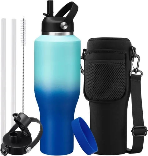 Vista 9 de Botella de agua de acero inoxidable de 32 onzas, frío-48 horas y caliente-24 horas, termo con popote y tapas de boquilla, bolsa, botella aislada al