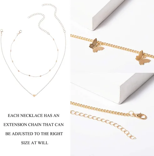 Vista 3 de 4 collares de gargantilla en capas, de oro, con dijes de mariposa, estrella, luna, corazón, linda gargantilla de cadena multicapa para mujeres