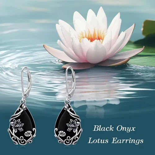 Vista 3 de Aretes colgantes de margaritahibiscolotorosapeoníagirasol, plata de ley 925, lágrima, ónix negro, aretes colgantes de flores vintage, regalos