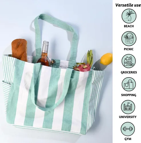 Vista 7 de Folkulture Bolsa de playa para mujer 17 x 14 pulgadas - Bolsa de playa 100% algodón con bolsillo con cremallera en el interior, bolsa de piscina