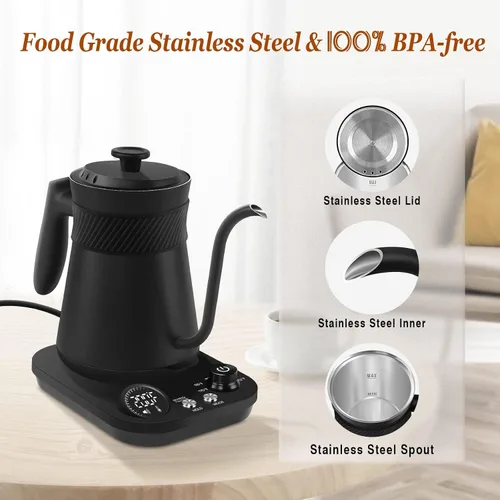 Vista 5 de Secura Hervidor eléctrico de cuello de cisne, 5 ajustes preestablecidos variables para café y té, tetera interior de acero 100% inoxidable con 1.5
