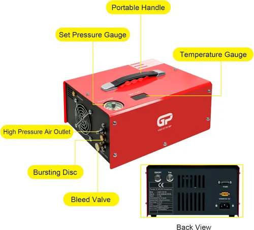 Vista 6 de TUXING Compresor de aire PCP, 4500Psi/30Mpa/300Bar compresor de pistola de aire portátil pequeño sin aceite, rifle PCP de alta presión, pistola