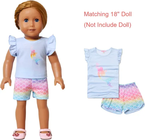Vista 6 de CHILDRENSTAR Pijama de niña a juego y muñeca Sets verano Pjs Flutter manga ropa de dormir