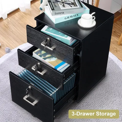 Vista 4 de Bonnlo Archivador de 3 cajones de 26 pulgadas de alto con cerradura, archivador rodante debajo del escritorio, archivadores móviles para oficina