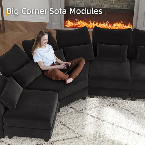 Vista 6 de LLappuil Sofá seccional de esquina en forma de L con 4 asientos, respaldo reposabrazos ajustable, sofá modular de felpilla de lujo para apartamento