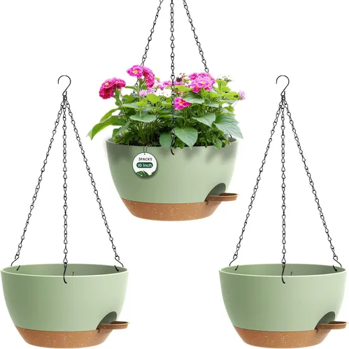 Vista 16 de Paquete de 2 12 macetas colgantes con cadenas, macetas de plástico de riego automático para plantas de interior y exterior, diseño de cadena