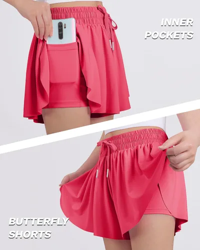 Vista 2 de JOCMIC Pantalones cortos fluidos para niñas, 2 en 1, pantalones cortos de mariposa con forro de elastano para fitness, correr, atletismo, tenis