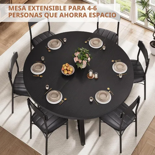 Vista 6 de Mesa de comedor redonda extensible de 43 a 57 pulgadas para 4-6, moderna mesa de comedor ovalada de cocina industrial con hojas extraíbles, base