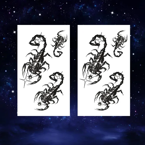 Vista 2 de 2 hojas de tatuajes temporales pequeños de escorpión para adultos, tatuajes falsos de escorpión negro, arte corporal impermeable de larga duración