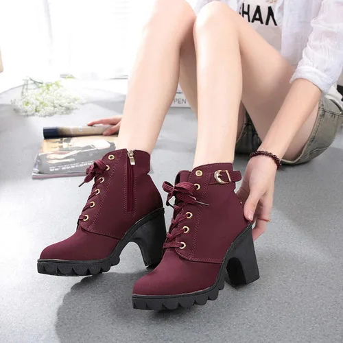 Vista 4 de HINDOLA Botas de tacón alto para mujer, botas de tacón alto con cordones, plataforma con cordones, tacón alto