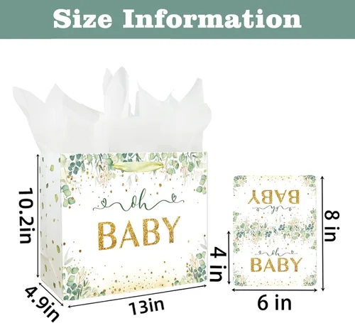 Vista 2 de Bolsa de regalo grande de 13" para bebé niño o niña para baby shower o cumpleaños con asa, papel de seda y tarjeta de felicitación (13" Verde)