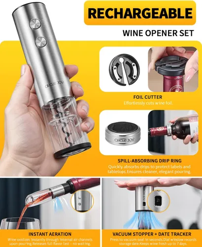 Vista 3 de CIRCLE JOY Abrevino eléctrico recargable 5 en 1 acero inoxidable juego de regalo de vino con cortador de aluminio, vertedor aireador de vino, anillo