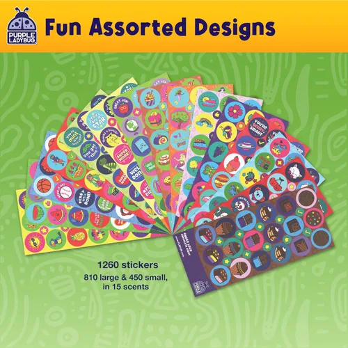 Vista 6 de 45 hoja cero y pegatinas con fragancia para niños(as) y maestros(as) Paquete megavariedado, paquete de Purple Ladybug Novelty, con 15 diferentes