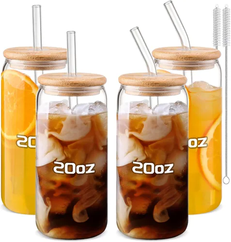 Vista 8 de DWTS DANWEITESI Vasos de vidrio con tapas y pajitas, 4 piezas, juego de vasos de 16 onzas para accesorios de barra de café, tazas de café helado