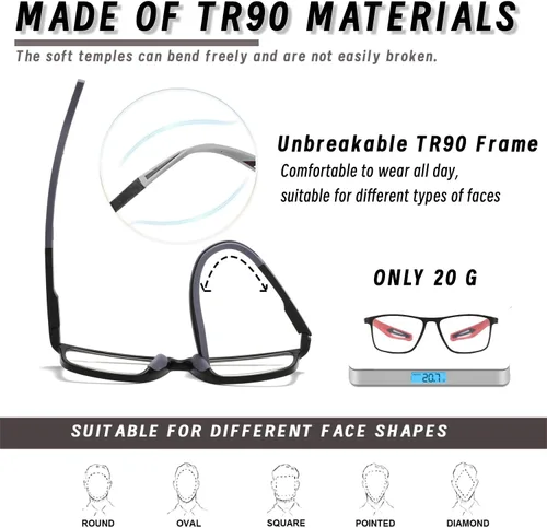 Vista 3 de Hubeye TR90 Gafas de Lectura Deportivas para Hombres y Mujeres Ultraligeras Flexibles Anti-Luz Azul（Negro+Negro+Negro+Negro+Negro，+0.0）