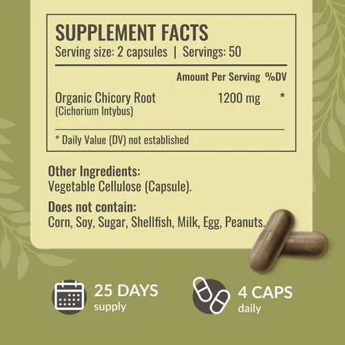 Vista 3 de HERBAMAMA Cápsulas de fibra de raíz de achicoria, 1200 mg de polvo de raíz de achicoria para limpieza intestinal y apoyo digestivo, suplemento