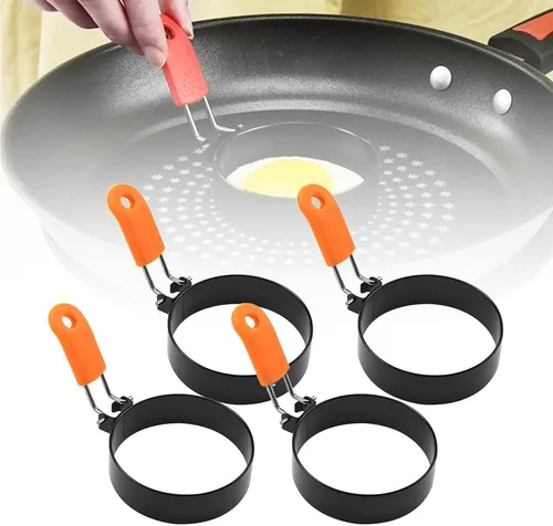 Vista 9 de Anillos de huevo de acero inoxidable para freír, anillos redondos para cocinar, moldeadores de panqueques con mango de silicona naranja, moldes A-2