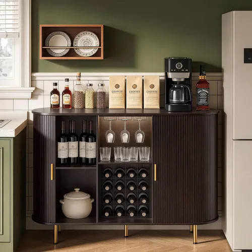 Vista 4 de DHH Gabinete de bar de vino de 55 pulgadas con almacenamiento, licor estriado y barra de café con estante para vino y soporte para vidrio, aparador