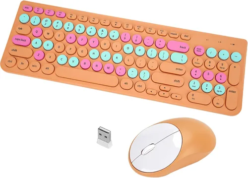 Vista 8 de Combo de teclado y mouse inalámbricos, teclado retro de máquina de escribir con teclas redondas, teclado inalámbrico USB de 2.4 GHz lindo