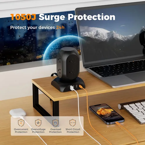 Vista 6 de Protector de sobretensiones negro en torre, TESSAN - Cable de extensión con enchufe plano de 10 pies con 8 salidas de CA y 4 puertos USB (1 USB C)