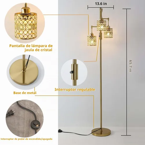 Vista 5 de Lámpara de pie industrial, lámpara de pie regulable, lámpara de árbol dorado, lámpara de pie con 3 elegantes pantallas de cristal para sala