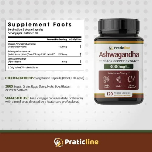 Vista 8 de Ashwagandha Cápsulas 3,000 mg - 120 cápsulas veganas hechas con polvo de Ashwagandha orgánico y extracto de raíz. Sin gluten. Fabricado en Estados