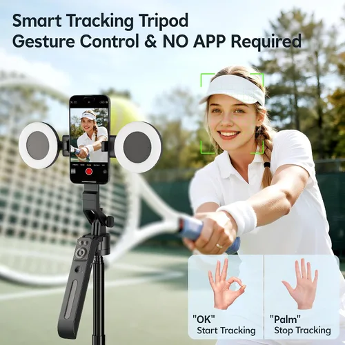 Vista 9 de Trípode de seguimiento facial automático de 71 pulgadas para iPhone con luz, kit de vlogging para iPhone con gesto/control remoto, rotación de 360°