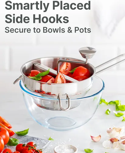 Vista 7 de Molinillo de Alimentos de Acero Inoxidable con 4 Discos Mejorado – Diseño Rotatorio Ergonómico para Salsa de Tomate, Puré de Manzana, Comida