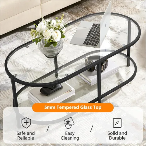 Vista 5 de Yaheetech Mesa de centro de cristal, pequeña mesa central negra con estante de almacenamiento para sala de estar, espacio pequeño, apartamento