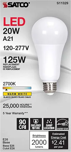 Vista 2 de Satco S11329 - Bombilla LED omnidireccional A21 de repuesto de 20 W, 125 W, 2700 K, color blanco