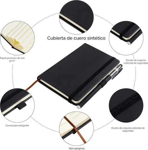Vista 3 de 2Pack Cuaderno de Bolsillo Pequeño Cuaderno Diario 4 pulgadas x 5.7 pulgadas 200 Páginas Cubierta de Cuero Con Porta Lápiz Marcador de Páginas Negro