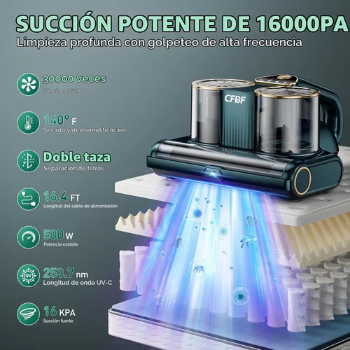 Vista 2 de CFBF Aspirador de cama de colchón con succión de 16Kpa y luz UV-C de Cian Oscuro
