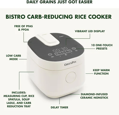 Vista 4 de Arrocera GreenPan, 8 tazas cocidas (4 sin cocer), modo bajo en carbohidratos y sopa, 10 ajustes de cocción de un toque, cesta de vapor de cerámica