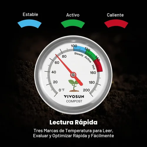 Vista 3 de VIVOSUN Termómetro de compost, termómetro de suelo de patio trasero de 20 pulgadas con esfera de acero inoxidable para contenedores de compostaje