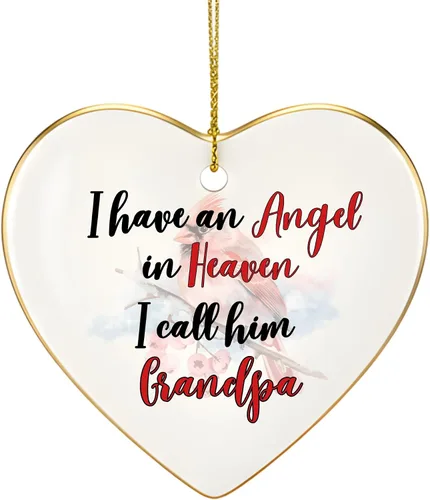 Vista 2 de Adorno de Navidad conmemorativo personalizado 2025 – Recuerdo de cerámica en forma de corazón – Tengo un ángel en el cielo lo llamo abuelo, regalo