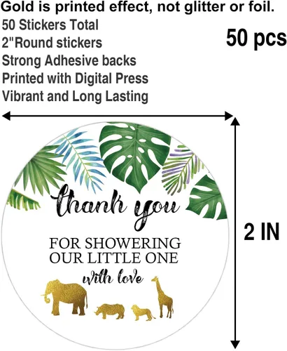 Vista 2 de 50 calcomanías doradas para baby shower, con texto en inglés "Thank You for Showering Our Baby with Love", regalos de baby shower para niño o niña