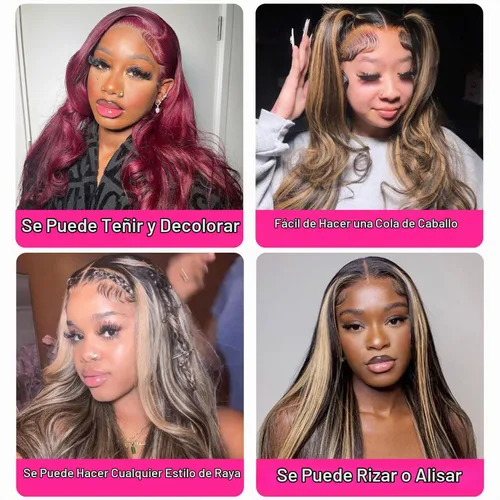 Vista 7 de Pelucas de Encaje Frontal Highlight Body Wave de Cabello Humano 1B/27 Sin Pegamento Densidad 180% 13x6 Peluca Sin Pegamento de Encaje Frontal Peluca