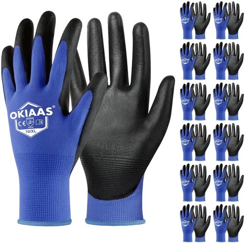 Vista 12 de OKIAAS Guantes de trabajo ultrafinos y ligeros para hombre con agarre, 12 pares, color negro, talla S