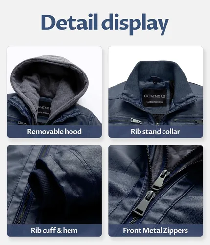 Vista 5 de CREATMO US Chaqueta de piel sintética para hombre, impermeable, resistente al viento, PU con capucha extraíble