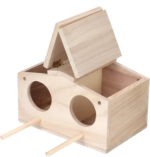 Vista 9 de Caja anidable de periquitos, casa de madera para nidos de pájaros para mascotas, jaula de cría de cacatúas con perca, accesorios para loros