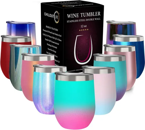 Vista 23 de CHILLOUT LIFE - Vaso de acero inoxidable de 12 onzas con tapa y caja de regalo, diseño de viaje con recubrimiento en polvo, aislamiento al vacío