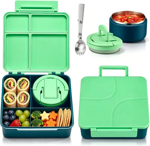 Vista 11 de Lonchera Bento para Niños con Termo para Sopa de 8oz, Contenedores de Comida para Almuerzo Impermeables para Niños con 4 Compartimentos, Tarro