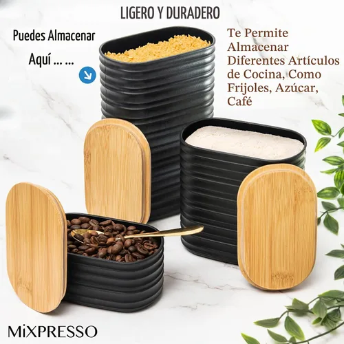 Vista 5 de Mixpresso Juego de recipientes negros para la cocina – Juego de recipientes herméticos de plástico para azúcar de 3 piezas con tapas de bambú