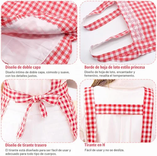 Vista 3 de Delantal clásico vintage para mujer, delantal de algodón a cuadros rojo y blanco, babero de chef de cocina para el hogar