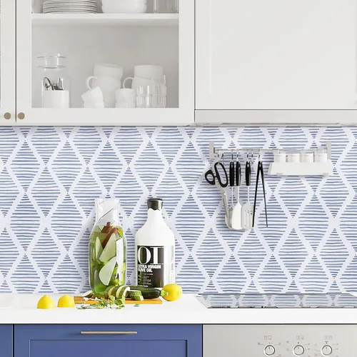 Vista 4 de WENMER Papel tapiz geométrico para despegar y pegar de 17.3 x 118 pulgadas, papel tapiz de rayas azules y blancas, papel de contacto geométrico