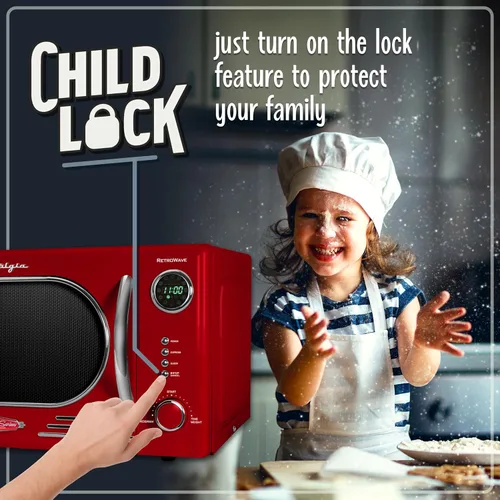 Vista 99 de Nostalgia Horno microondas retro compacto para encimera, 0.7 pies cúbicos, 700 vatios con pantalla digital LED, bloqueo para niños, interior fácil