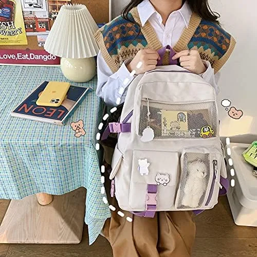 Vista 4 de Mochila kawaii con pin kawaii y accesorios, bonita mochila kawaii para mochila escolar, mochila kawaii para niña linda, Ivory, L, Suave