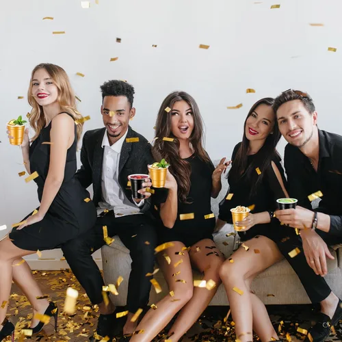 Vista 6 de 120 vasos de chupito de oro negro de 2 onzas, vasos de chupito negros y dorados, vasos de chupito de feliz año nuevo para beber, degustaciones