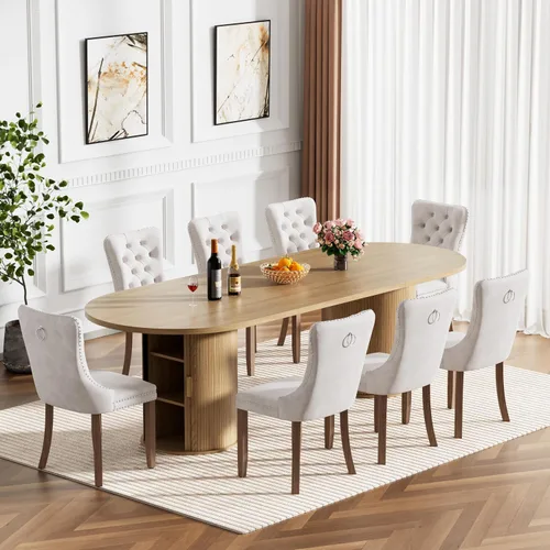 Vista 24 de Mesa de comedor redonda extensible de 94 pulgadas con base de almacenamiento, mesa de comedor expandible natural para 10, mesa de comedor de madera